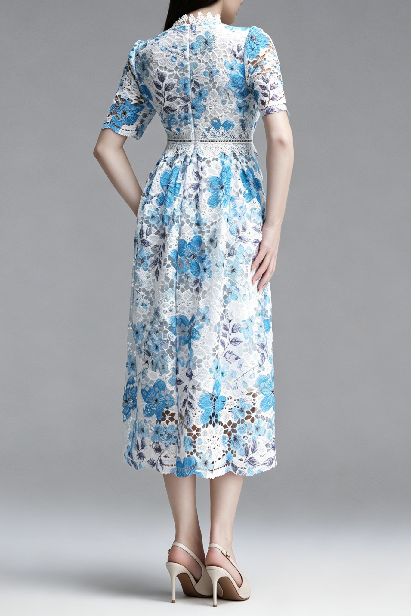 Flowering Girl Women Blue Floral Hollow Lace High Neck Short Puff Sleeve Midi A-Line Dress