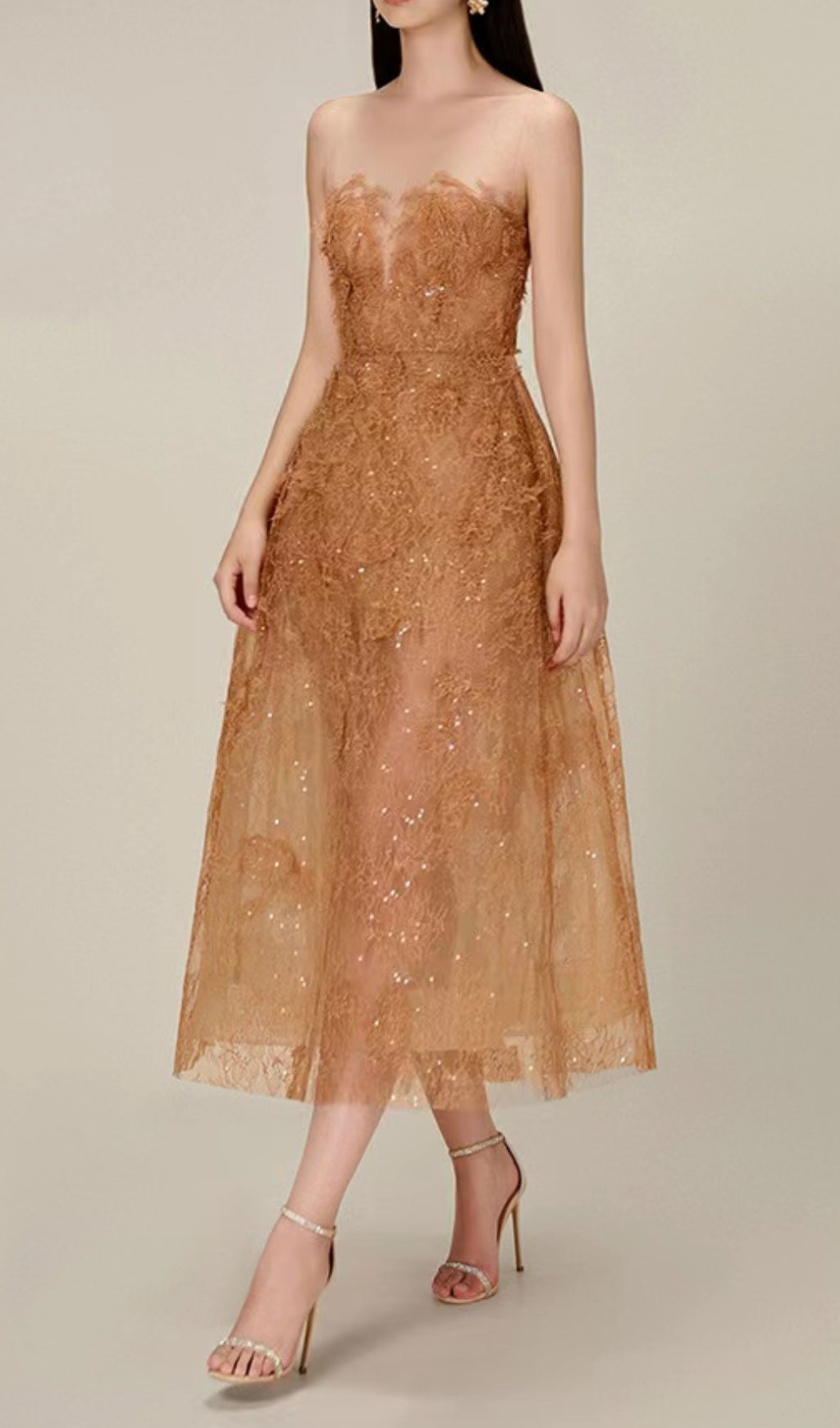 Flowering Girl Women CARAMEL FLORAL LACE EMBROIDER MIDI DRESS