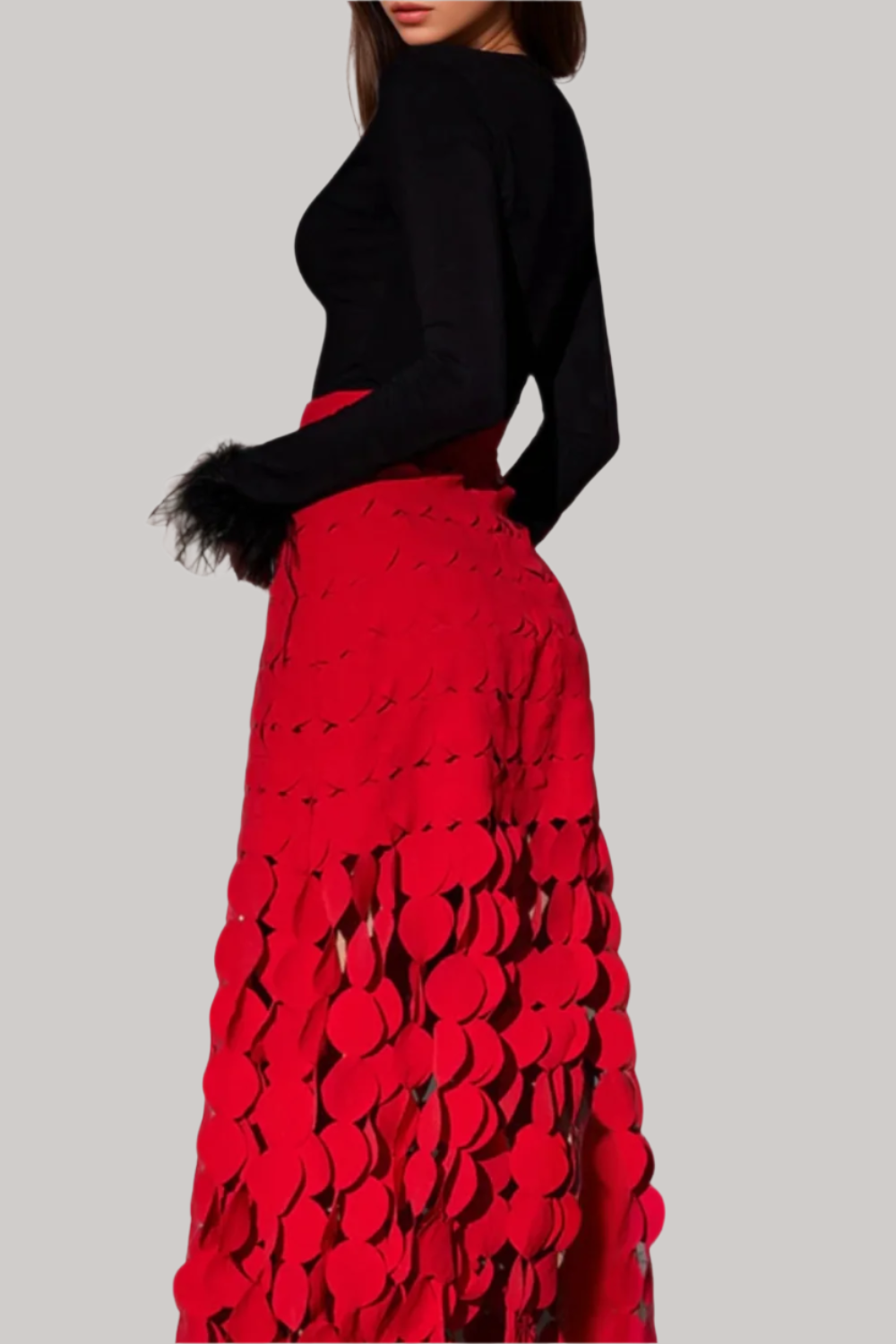 Flowering Girl Women CIRCLE CUTOUT FRINGE SKIRT IN RED