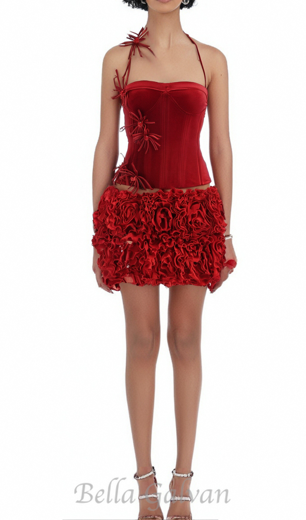 Flowering Girl Women corset floral mini skirt suit in red