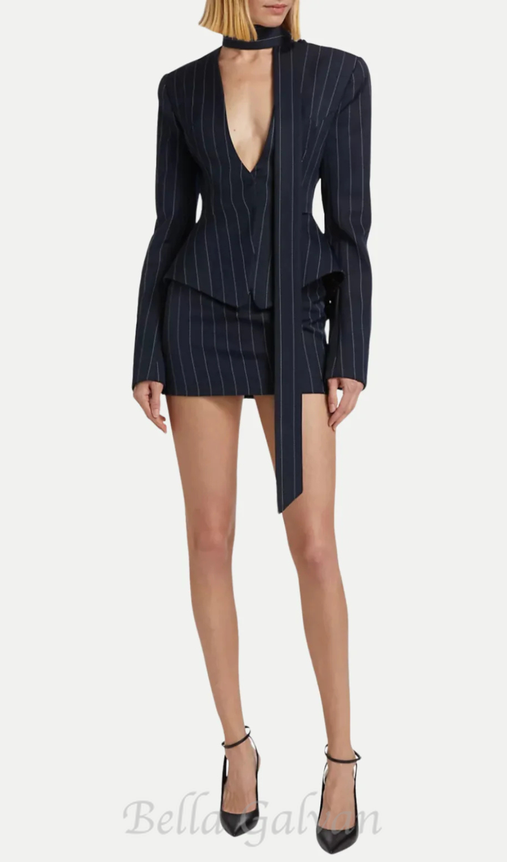Flowering Girl Women Hibyl Pinstripe Scarf Blazer in black