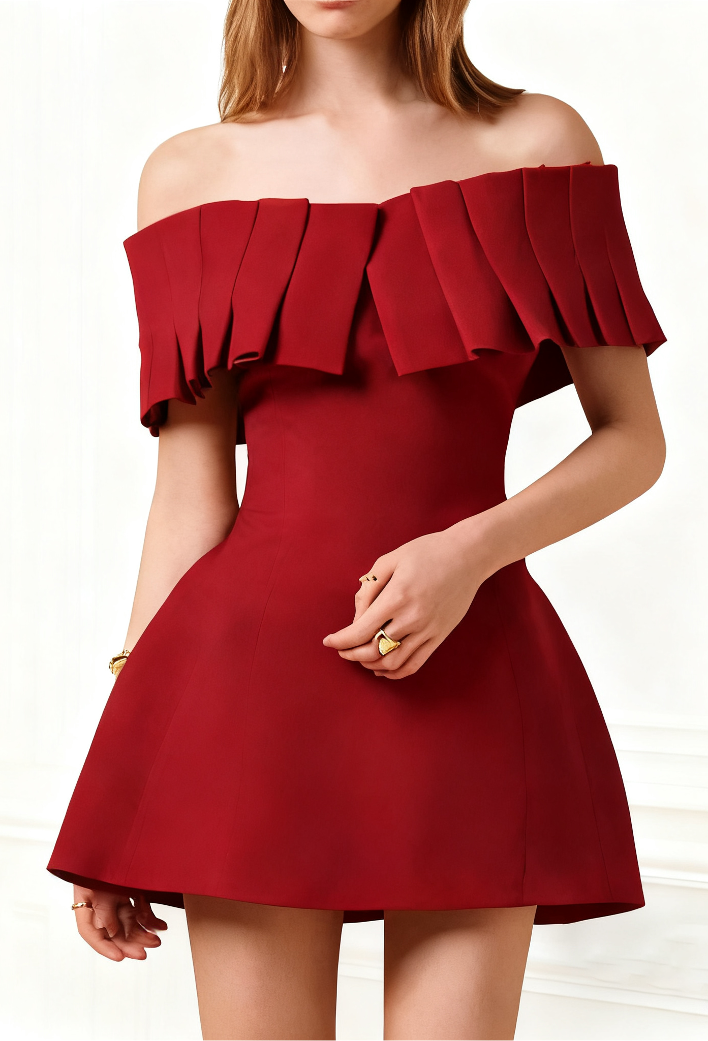 Marcia Off-Shoulder Pleated Mini Dress In Red
