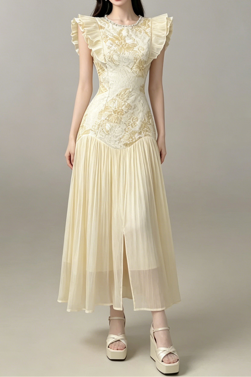 Cream Lace Floral Embroidered Maxi Dress With Ruffled Sleeves