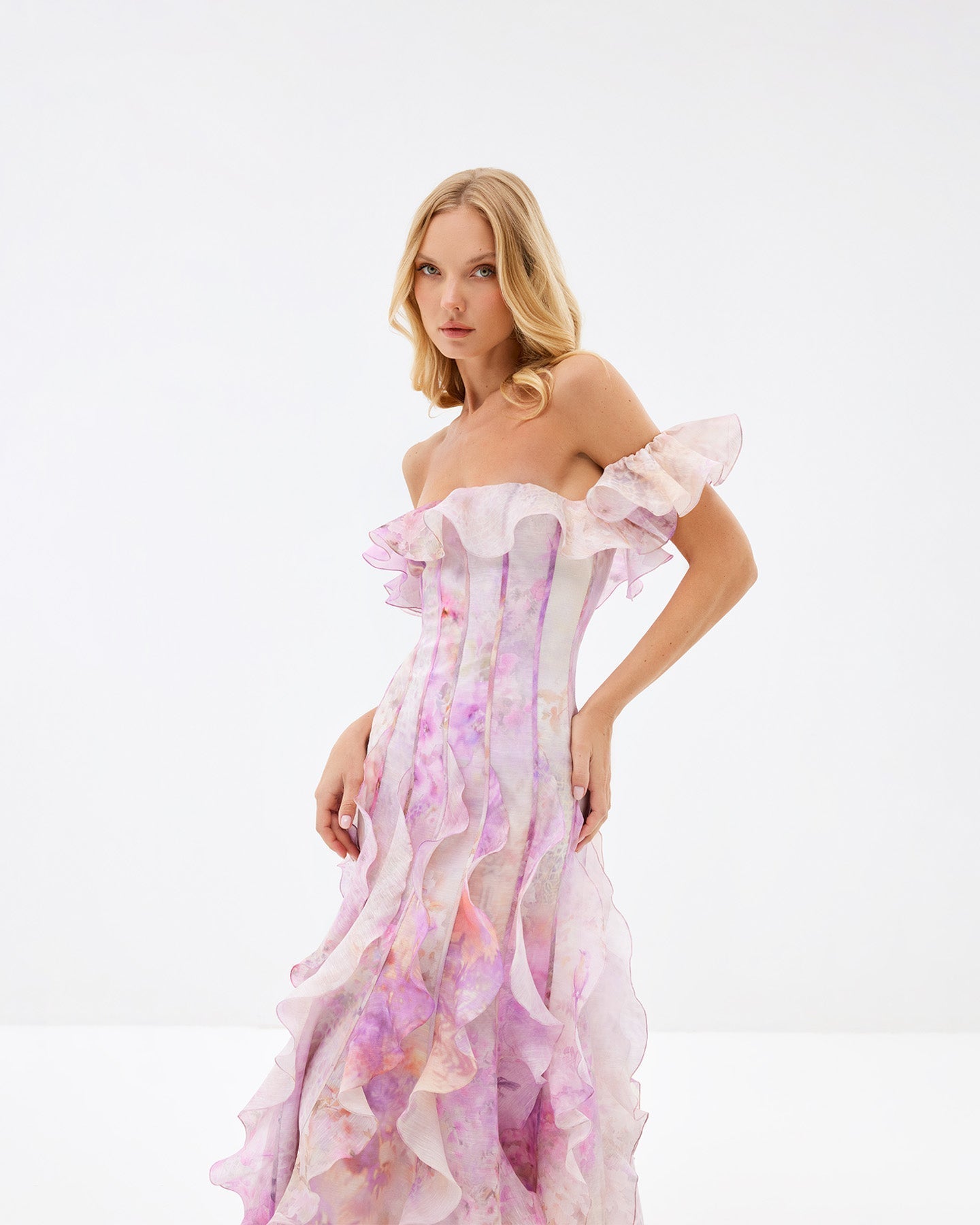 Helen Floral Frill Off-Shoulder Maxi Dress In Pink