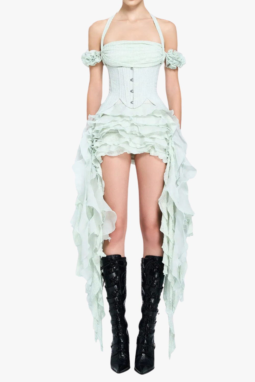 Flowering Girl Women elva halter three-dimensional flower irregular tassel mini dress in mint