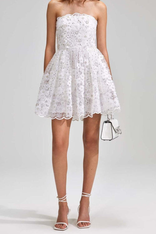 Flowering Girl Women Beaded Sequin Bandeau Mini Dress In White