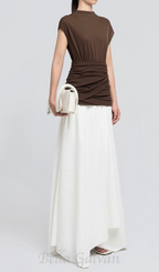 Flowering Girl Women brown Waist cross pleats midi dress with asymmetric hemline