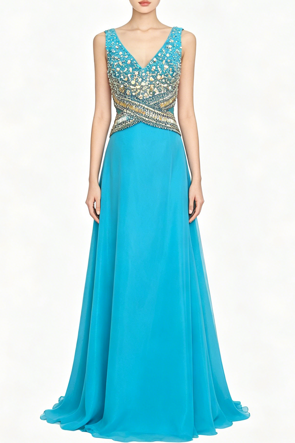 Turquoise Rhinestone Embellished V-Neck Chiffon Evening Gown