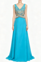 Turquoise Rhinestone Embellished V-Neck Chiffon Evening Gown