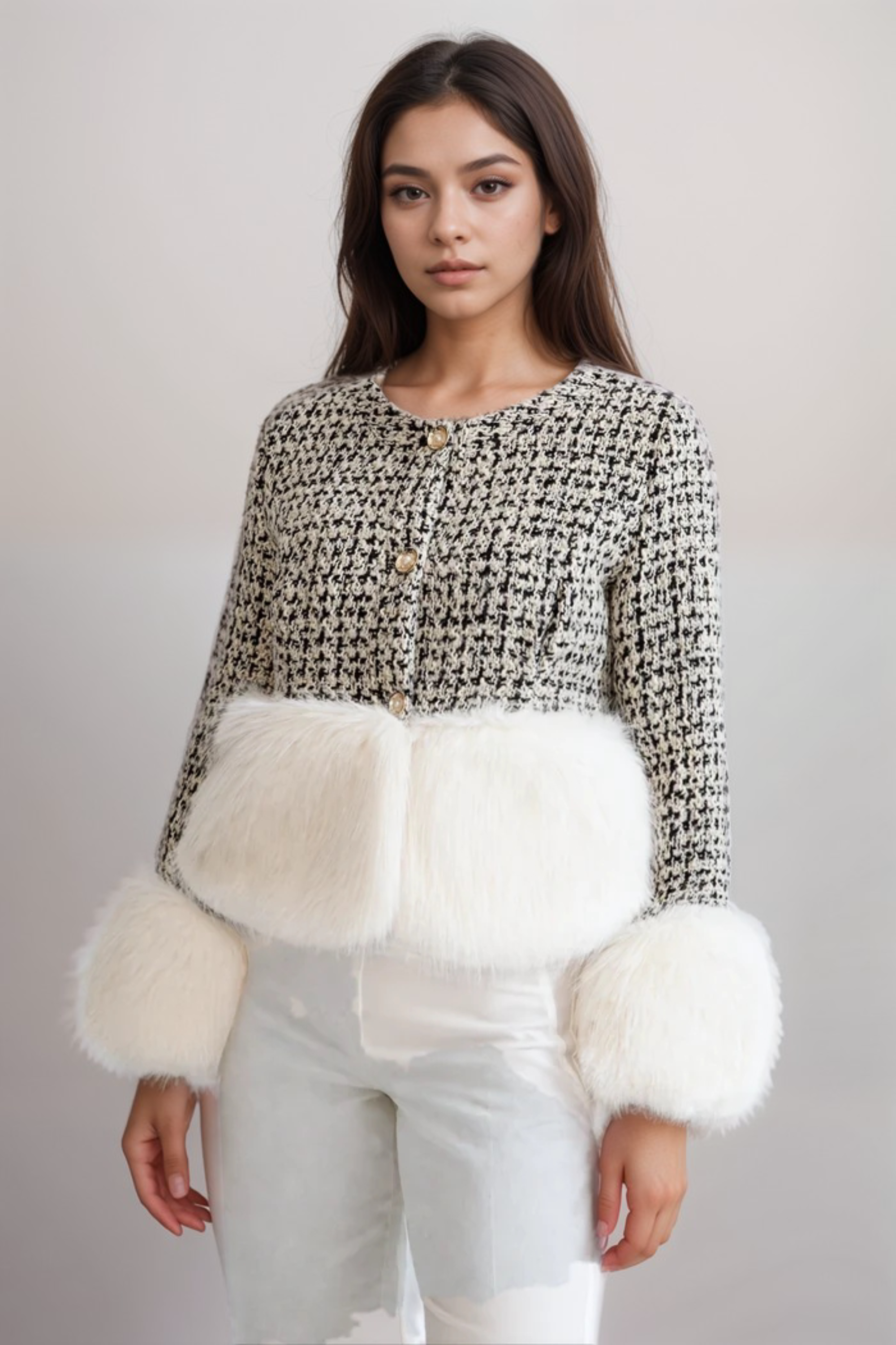 Flowering Girl Women Tweed Jacket Withfaux Fur Accents