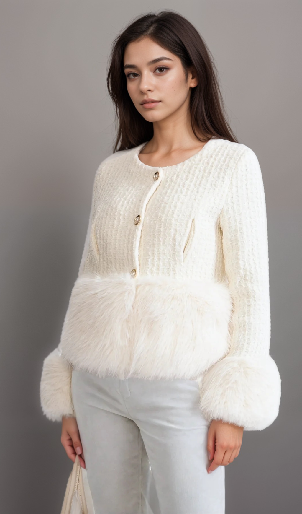 Flowering Girl Women Tweed Jacket withFaux Fur Accents
