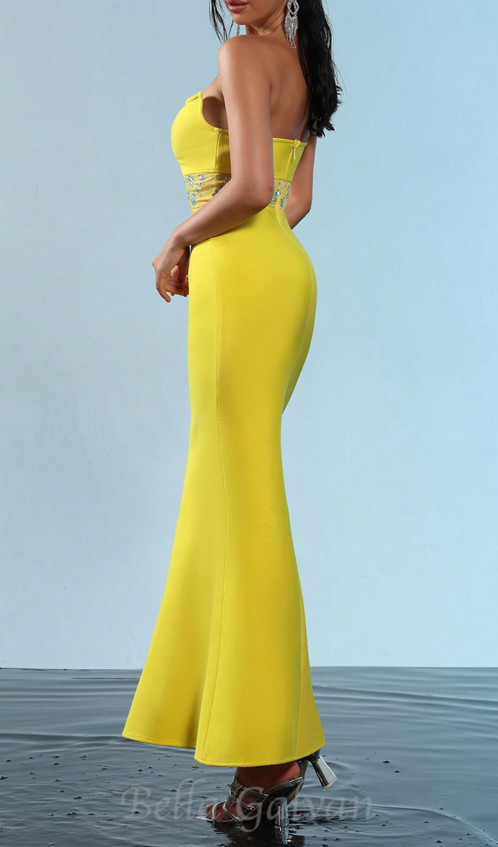 Flowering Girl Women mesh splice rhinestone decor yellow maxi bandage dress