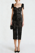 Helen Black Belted Embellished Cotton-Blend Lace Midi Dress