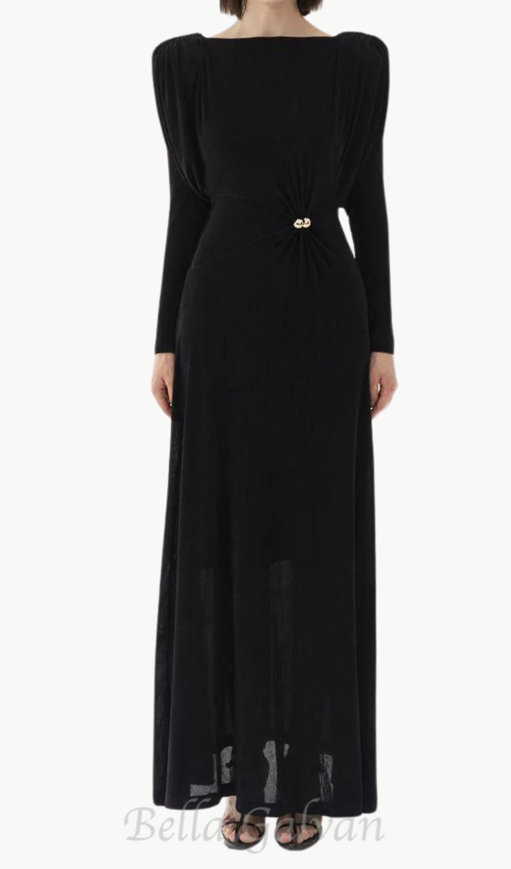 Flowering Girl Women black straight boat neck knitted fabric maxi dress