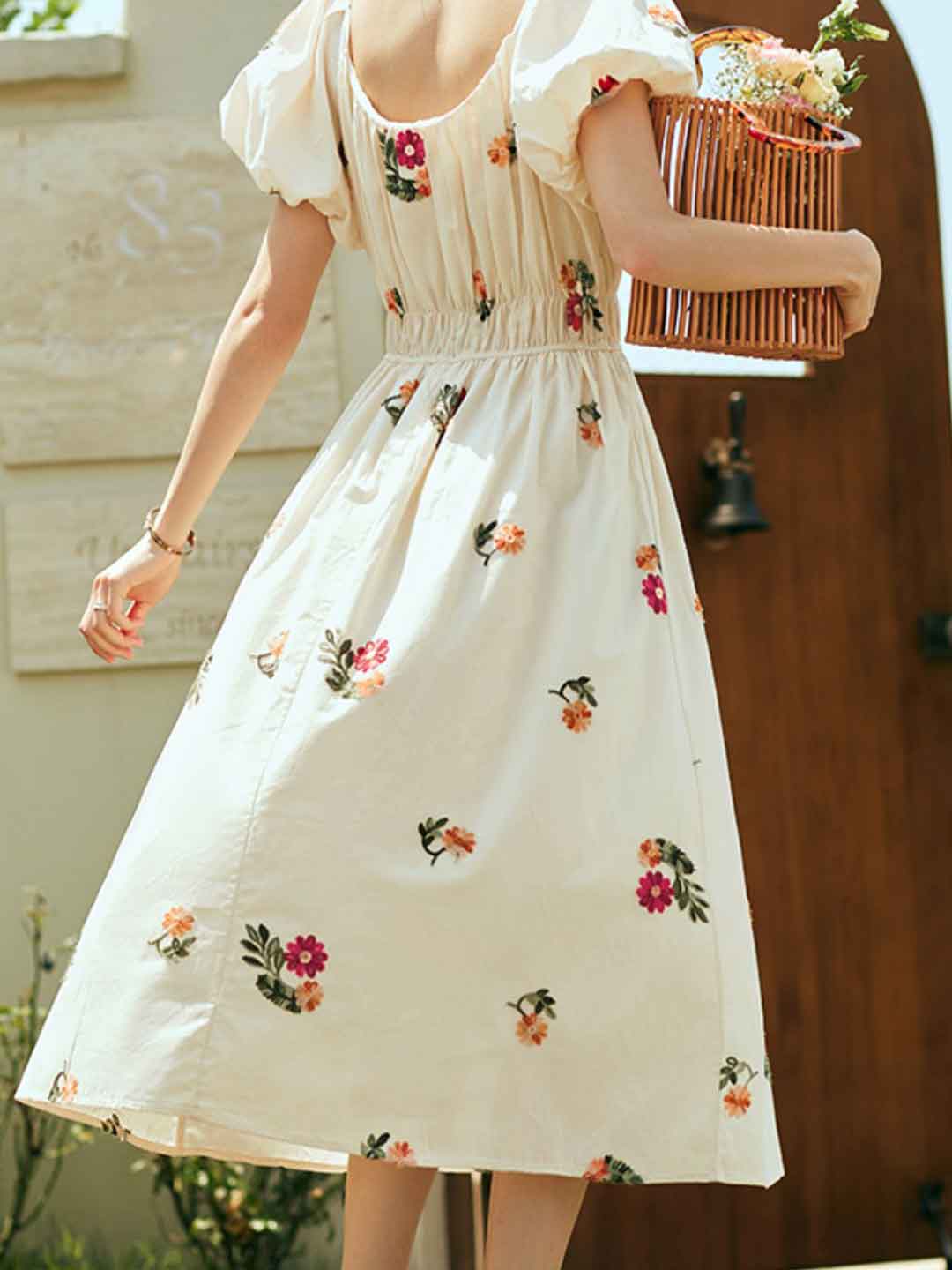 Flowering Girl Women rosalind Retro Embroidered Puff Sleeve Dress