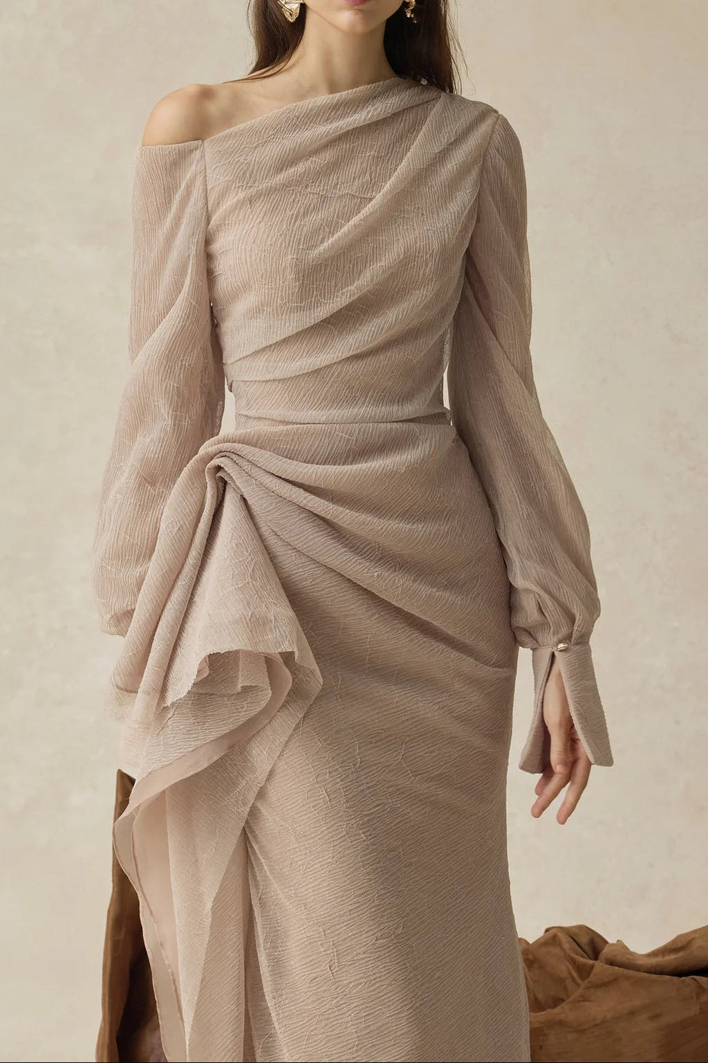 Flowering Girl Women Brianna Asymmetric Long Sleeve Pleated Maxi Dress In Beige