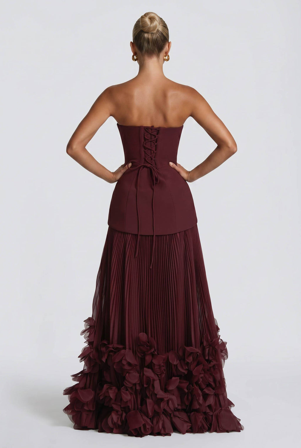 Strapless Burgundy Pleated Maxi Gown With 3D Floral Ruffle Hem