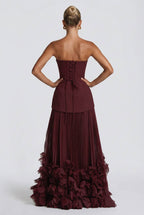Strapless Burgundy Pleated Maxi Gown With 3D Floral Ruffle Hem