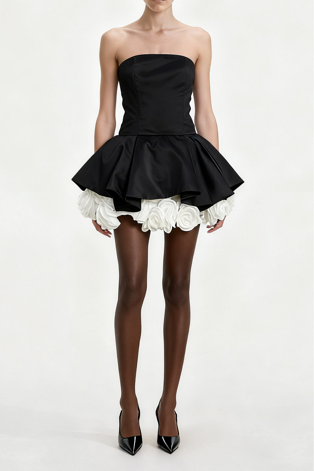 Lucie Black Petal-Layered Strapless Corset Mini Dress
