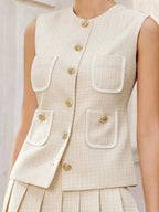 Flowering Girl Women Celeste Tweed Button-Front Vest Pleated Skirt Set In Apricot