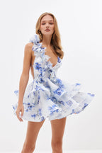 helen 3D Flower Chiffon Ruffle Mini Dress in blue