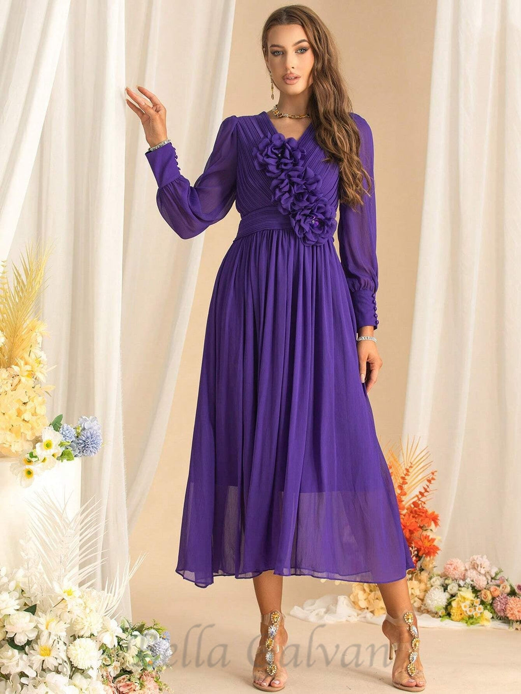 Flowering Girl Women three-dimensional flower v-neck purple chiffon maxi dress