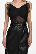 julia black V Neck Sleeveless Lace Faux Leather Midi Dress
