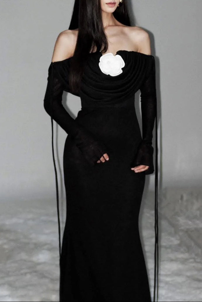 lila flower embellished pleated strapless maxi dress in black