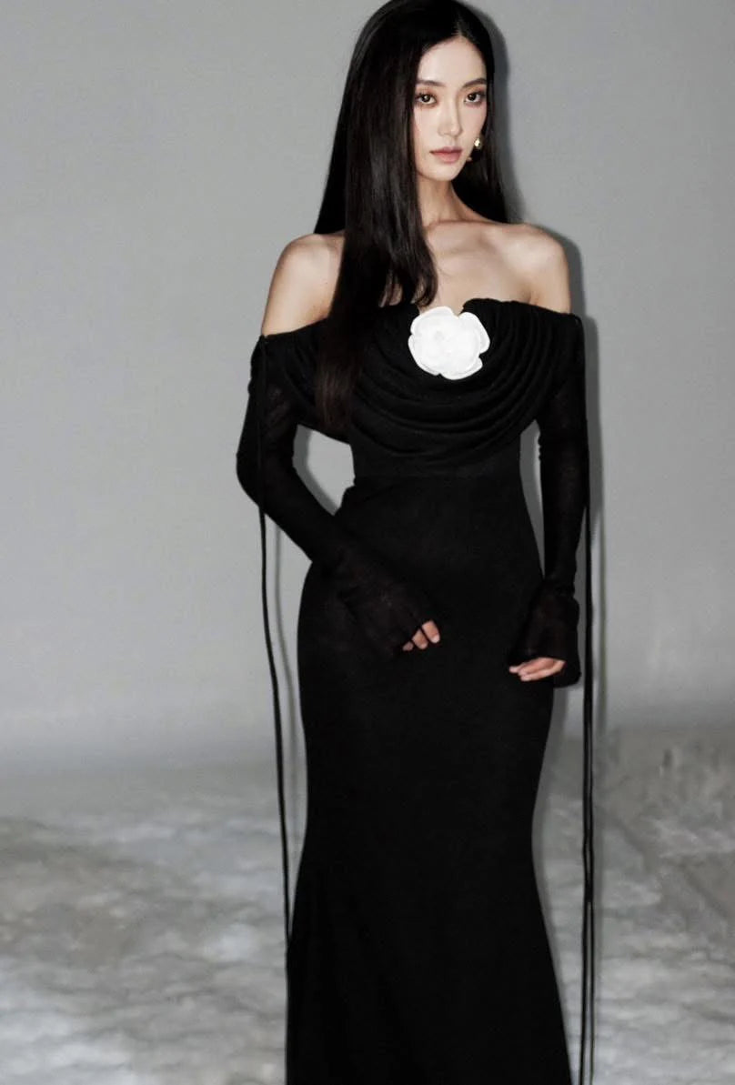 Flowering Girl Women Lila Flower Embellished Pleated Strapless Maxi Dress In Black