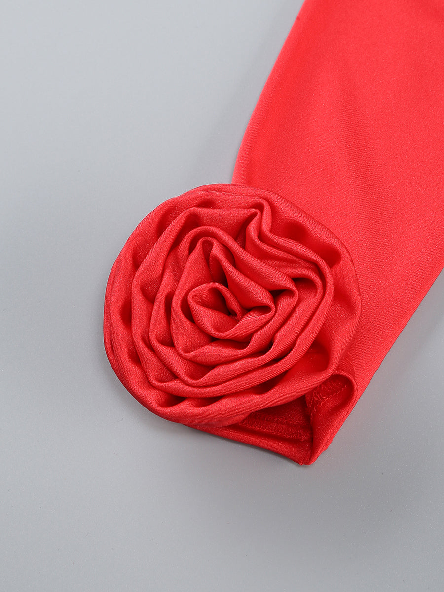 Flowering Girl Women off-shoulder flower embellished Gathered maxi Dress in red