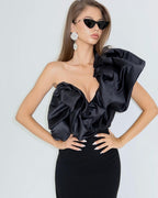Flowering Girl Women One Shoulder Puff Sleeve maxi Dress in black