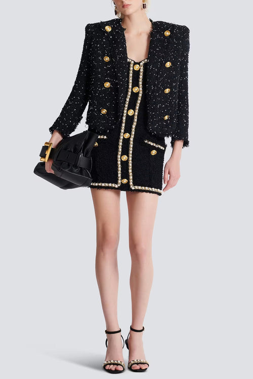 Flowering Girl Women Amanda Black Tweed Mini Dress With Pearl Trim