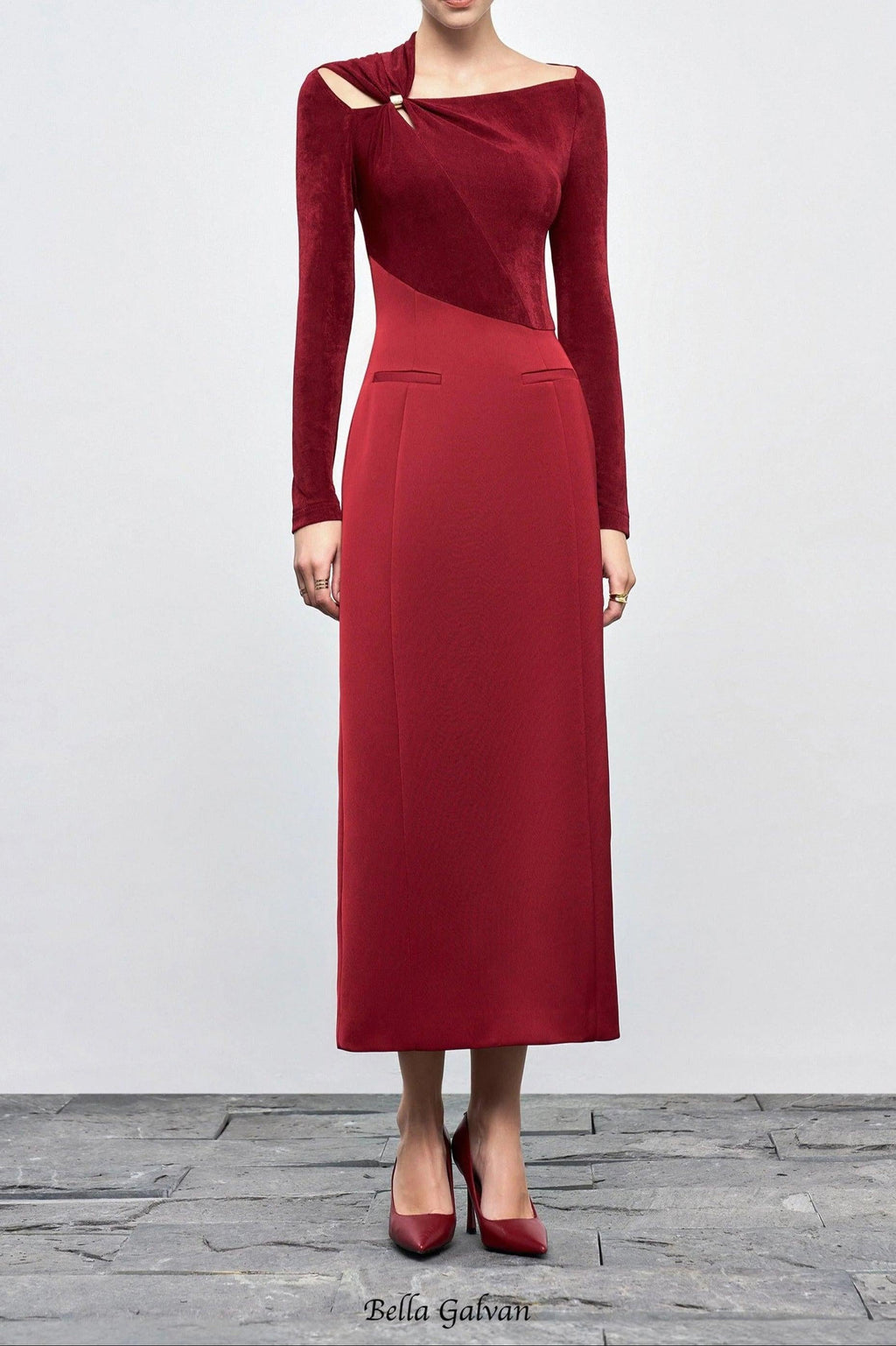 Flowering Girl Women Eleanor Sheath Asymmetric Neck Taffeta Midi Dress in red