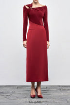 Flowering Girl Women Eleanor Sheath Asymmetric Neck Taffeta Midi Dress in red