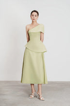 Flowering Girl Women One Shoulder Top Flare Midi Skirt suit in Olive Green