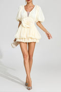 eartha Apricot 3d flower Organza Pleated Mini Dress