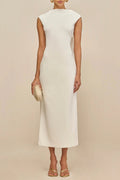 white sleeveless backless knit midi dress with two pleated golden embellishments