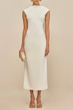 white sleeveless backless knit midi dress with two pleated golden embellishments