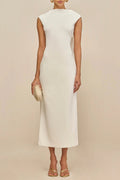White Sleeveless Backless Knit Midi Dress With Two Pleated Golden Embellishments