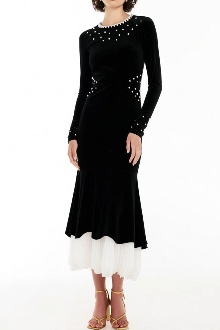 zona black Beaded irregular hem velvet fishtail maxi dress