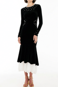 zona black Beaded irregular hem velvet fishtail maxi dress