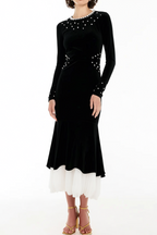 zona black Beaded irregular hem velvet fishtail maxi dress