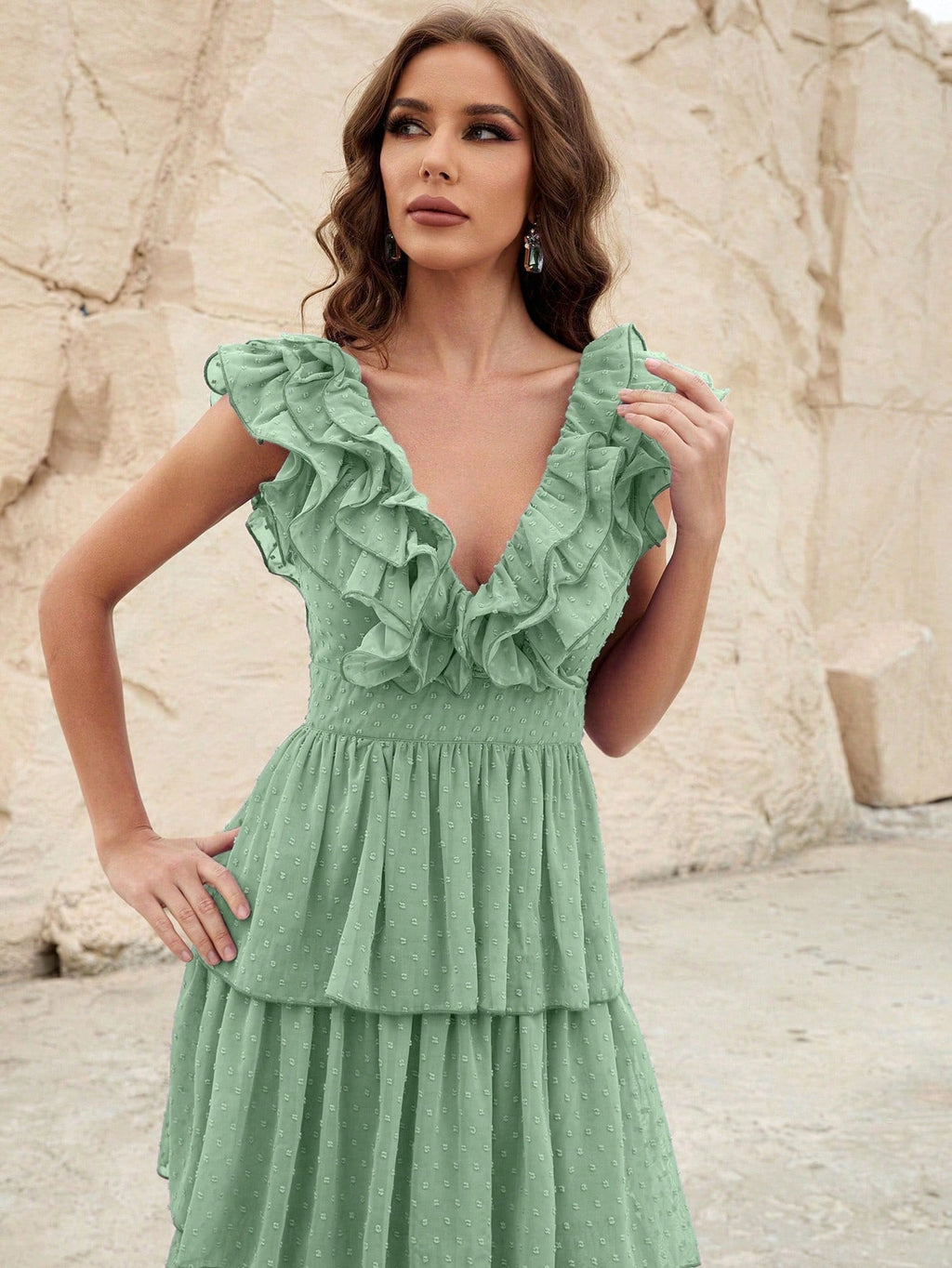 Flowering Girl Women Ruffle Trim Layered Hem Swiss Dot Chiffon Dress