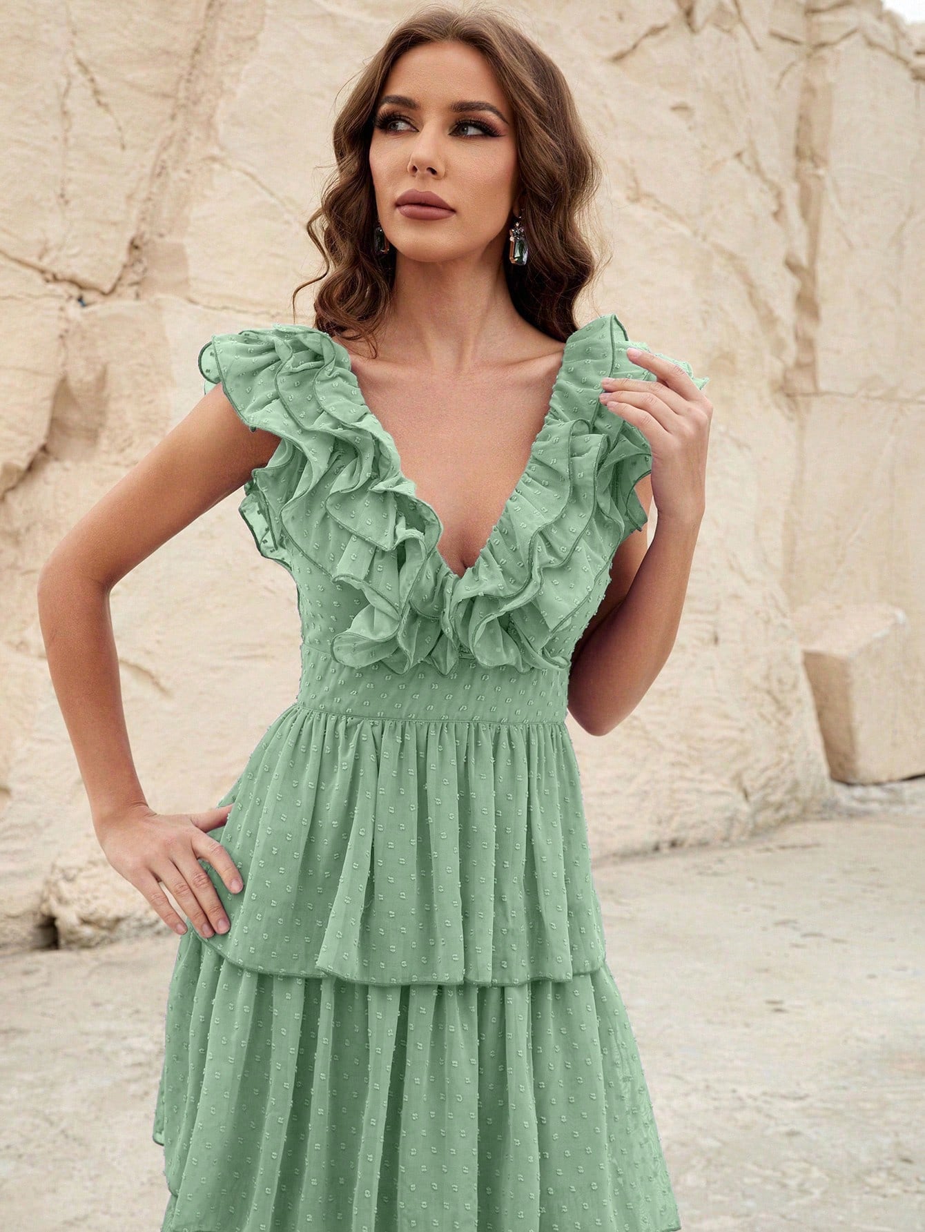 Flowering Girl Women Ruffle Trim Layered Hem Swiss Dot Chiffon Dress