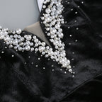 Flowering Girl Women embroidered with white pearls maxi dress in black