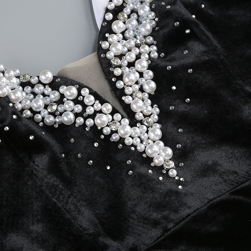 Flowering Girl Women embroidered with white pearls maxi dress in black