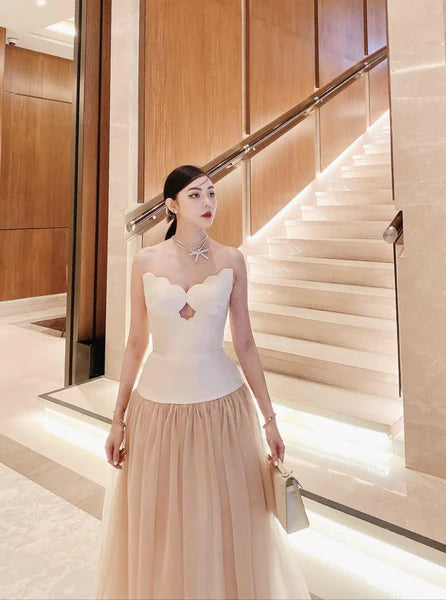 Flowering Girl Women Two-Tone Hollow Tube Top Tulle Midi Dress