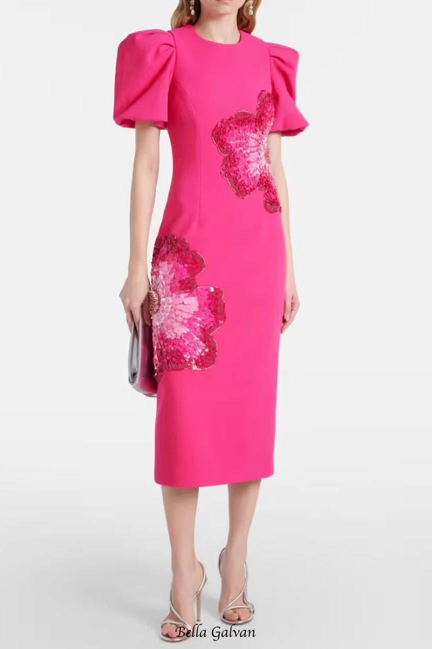 sequin flower Embellished puff sleeve Midi Dress in Pink