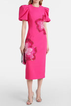 Flowering Girl Women Sequin Flower Embellished Puff Sleeve Midi Dress In Pink