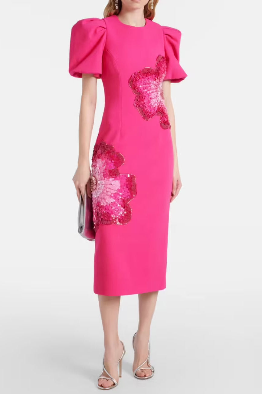 Flowering Girl Women Sequin Flower Embellished Puff Sleeve Midi Dress In Pink